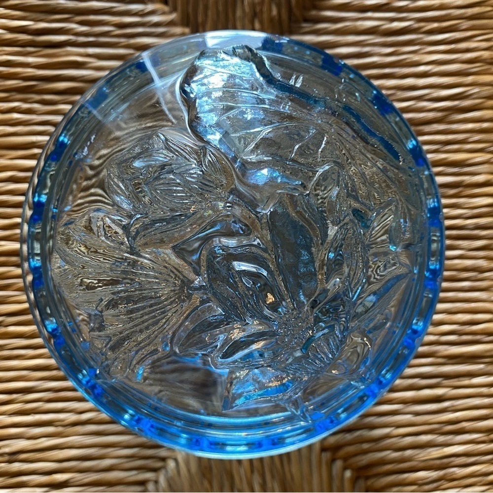 KIG Indonesia Embossed Floral Blue Glass Lidded Candy Jar Vintage 1980s